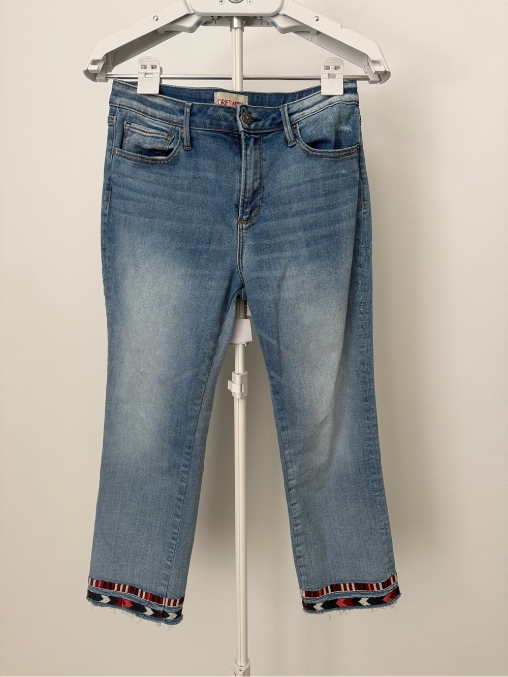 DRIFTWOOD Light Blue Embroidered Hem Cropped Jeans